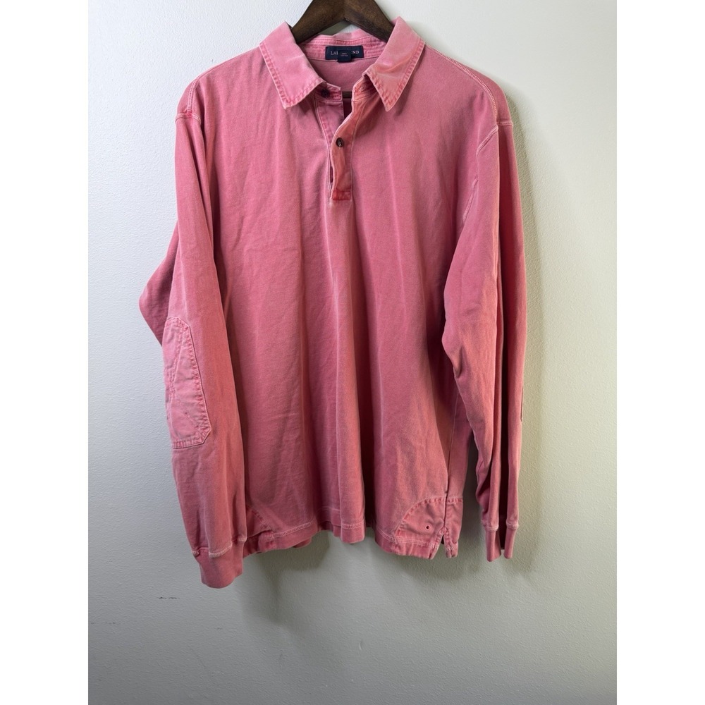 Vintage 90s‎ Lands End Rugby Polo Shirt Pink Garment Dyed Elbow Patch Preppy L